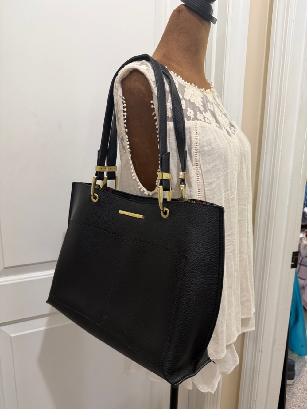 Steve Madden Black Pebbled Faux Leather Tote with Matching Floral Print Pouch